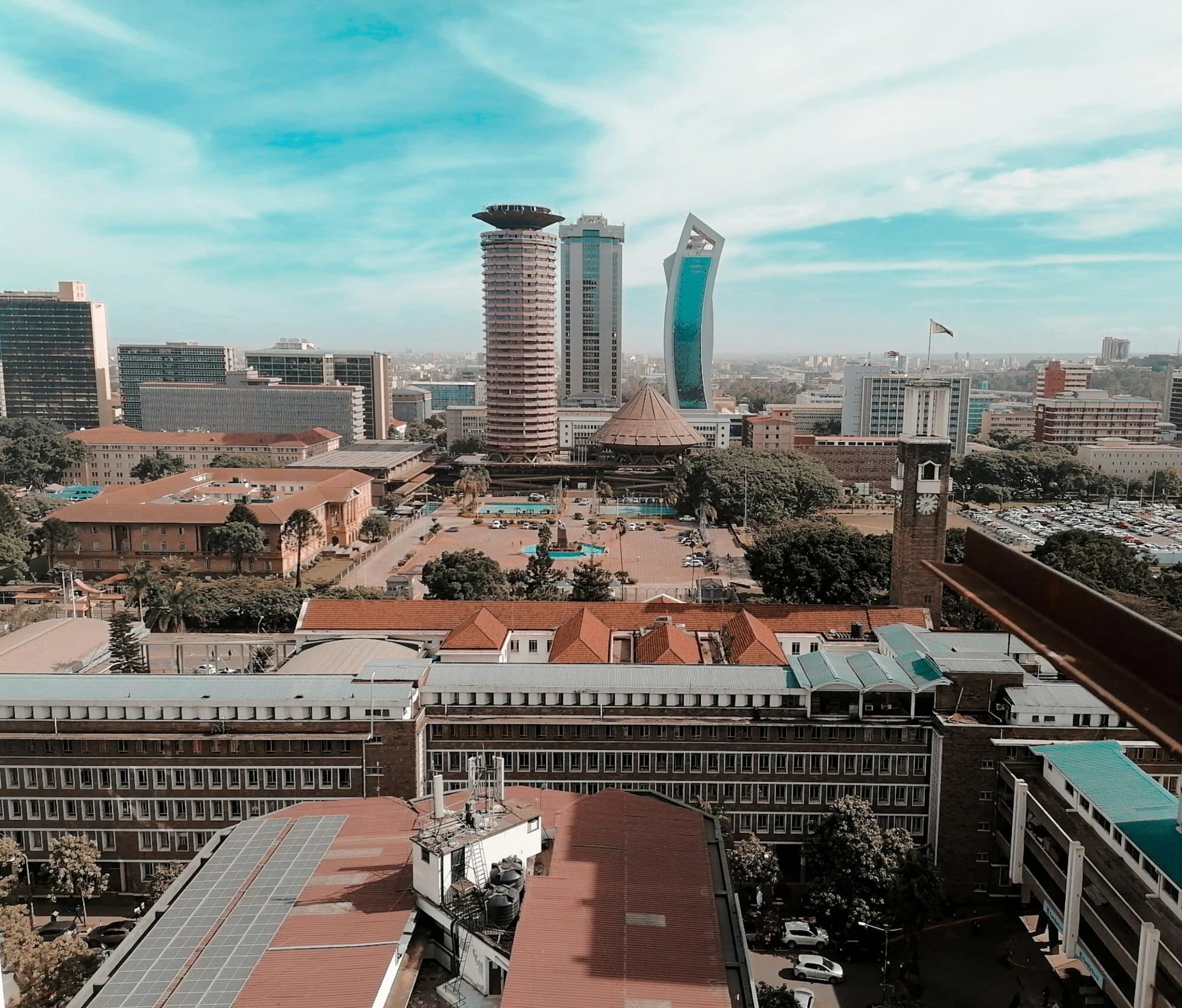 Nairobi city centre and the KICC tower under a blue sky